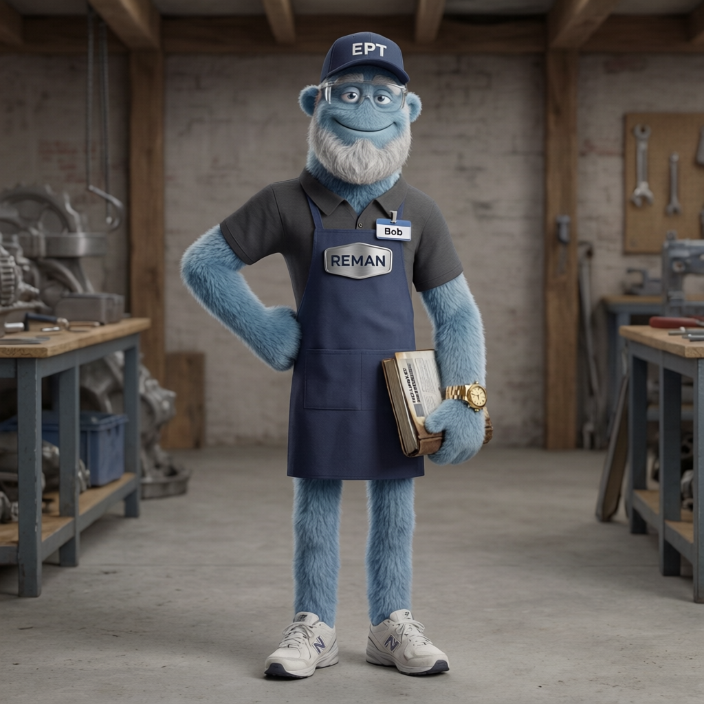 James, the EP Transmissions shop yeti — the blue monster mascot in the shop